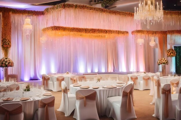 A large room with a large chandelier and tables covered in white cloths