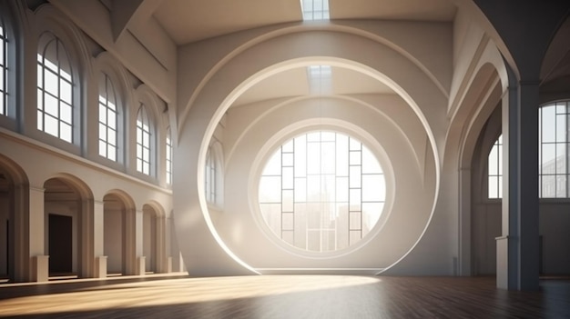 A large room with a large circle on the floor and the sun shining through the windows.