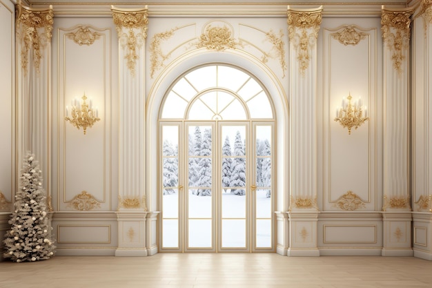 a large room with a large door and a snow covered window.