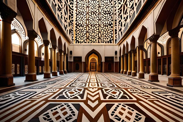 A large room with a large floor that has a geometric pattern on it.