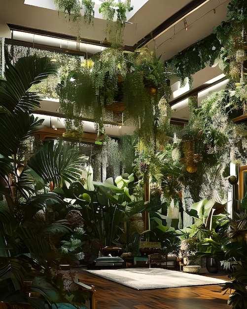 A large room with a large number of plants hanging from the ceiling.