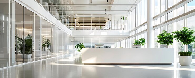 Photo a large room with a large white wall that has a green plant on it