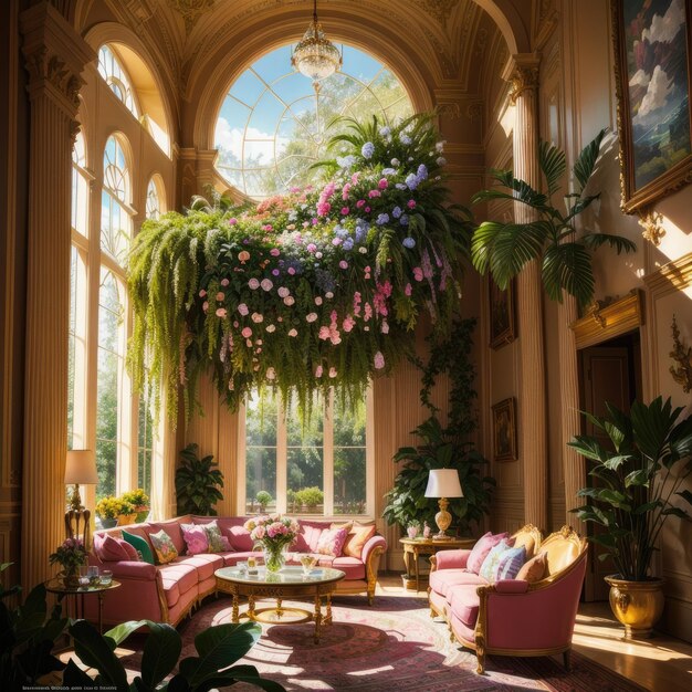 A large room with a large window and a large chandelier with a bunch of flowers hanging from it.