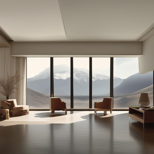 A large room with a large window and a mountain view