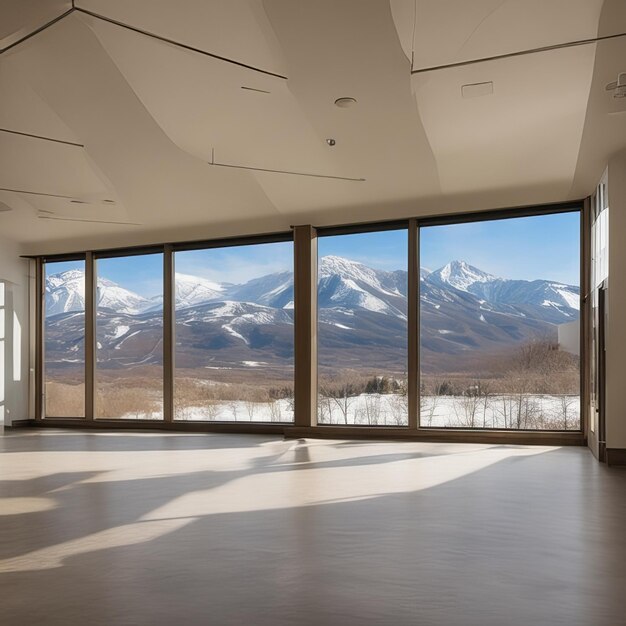 Photo a large room with a large window and a mountain view