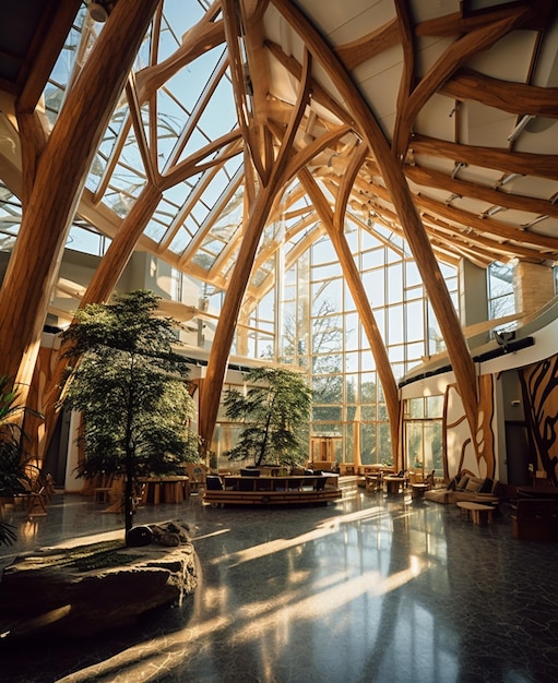 A large room with a large wooden structure and a tree in the middle.