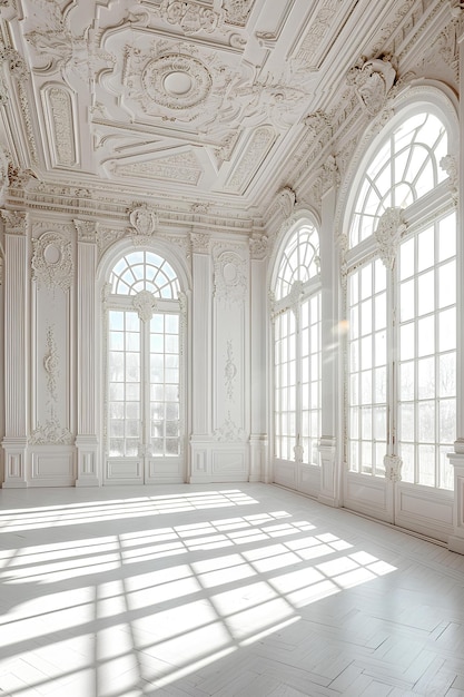 A large room with a lot of windows and a ceiling with a fancy design on it and a large window
