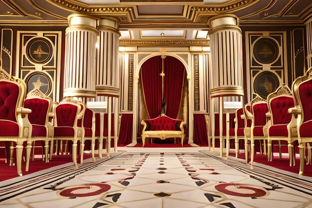 A large room with red chairs and a red curtain.