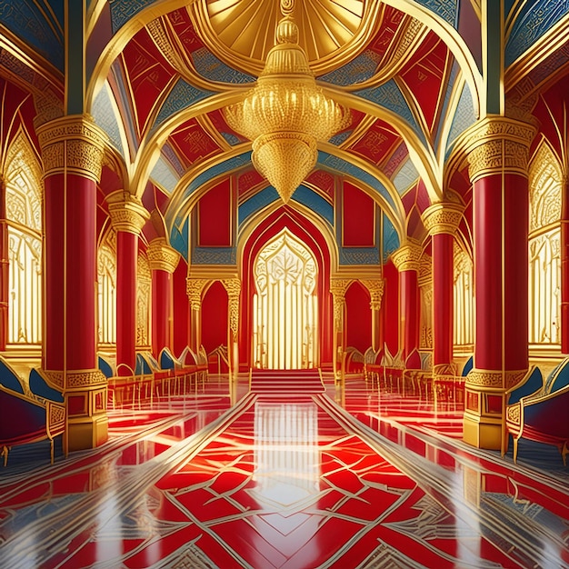 Photo a large room with a red and gold ceiling and a large window