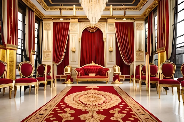 A large room with red and gold curtains and a red and gold rug.