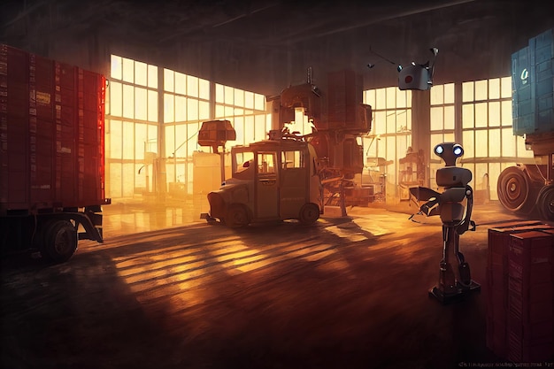 A large room with a robot cars boxes and panoramic windows 3d\
illustration