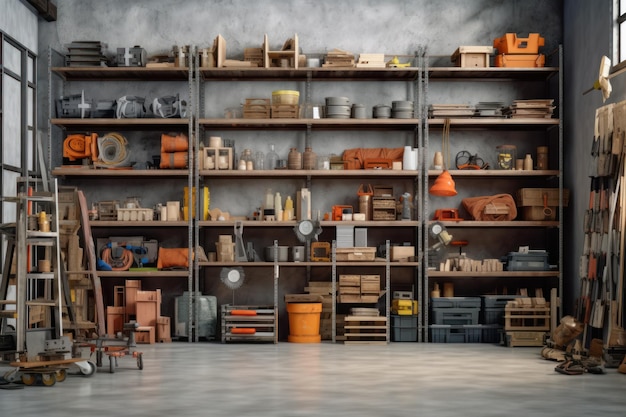 A large room with shelves full of tools and a shelf with a number of other items.