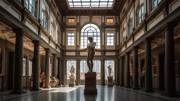 A large room with a statue in the middle of it