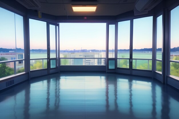 Photo a large room with a view of a city and a building