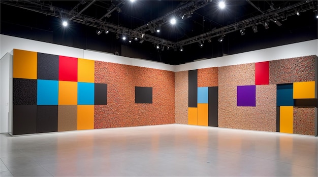 A large room with a wall made of bricks and a brick wall with the word art on it.