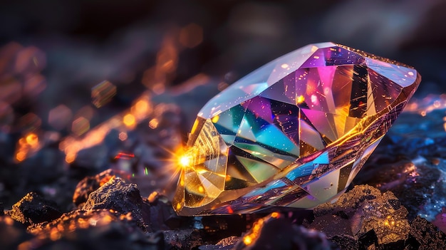 Large rough gemstone with glowing sparkles laying on a dark stone surface