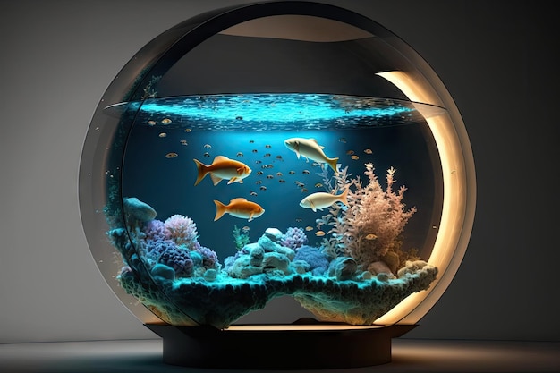 Large round aquarium with empty space and illuminated bottom