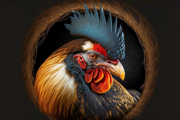 Large round bird eye with feathers rooster portrait