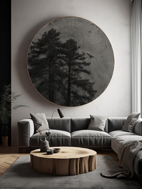 a large round mirror hangs on a wall above a couch.