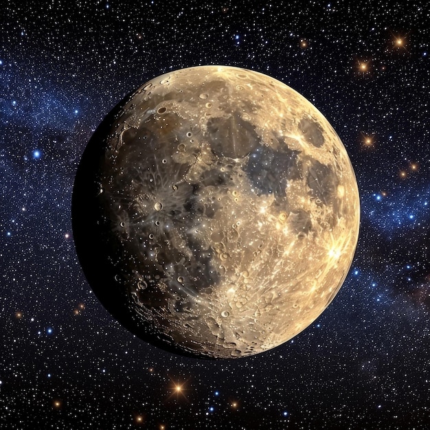 大きな丸い月が星の海の上で空に浮かんでいる