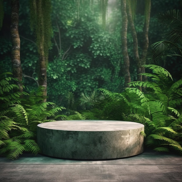 A large round stone table in a jungle with a jungle background.