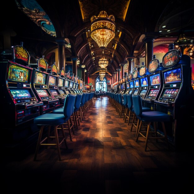 a large row of slot machines in an atmosphere in the style of innovating techniques