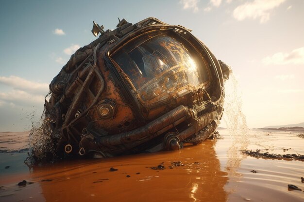 A large, rusty, orange, and brown object with the word dead on it.