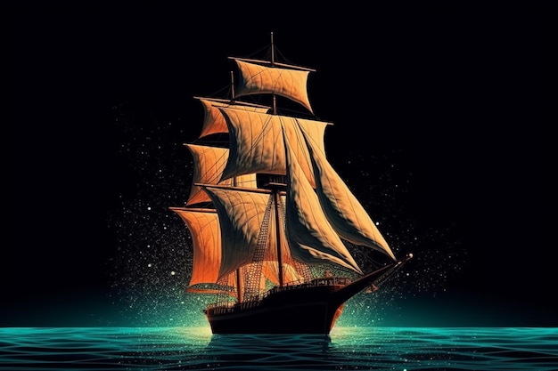 a large sailboat floating in the ocean at night generative ai