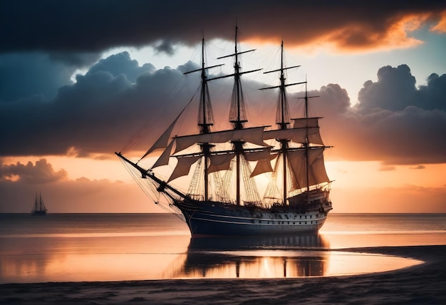 Photo a large sailing ship with multiple masts anchored near a beach during sunset