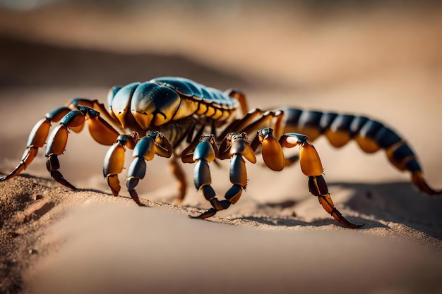 A large sand scorpion is walking on a sandy surface.