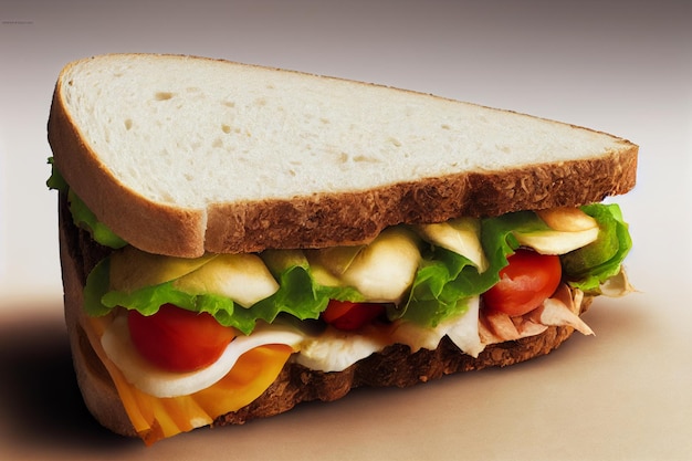 A large sandwich with cheese ham tomatoes salad lettuce Closeup