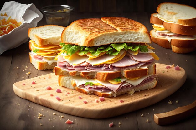 A large sandwich with ham, cheese, and lettuce on it.