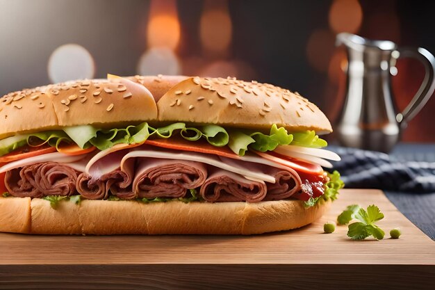 A large sandwich with meat, cheese, and lettuce on a wooden table.