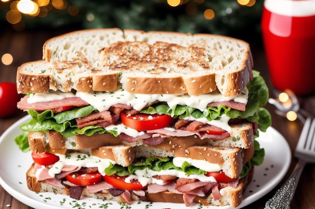 A large sandwich with a tomato on it and a red heart behind it.