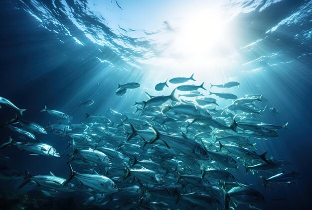 a large school of fish swim in the open water in the style of light silver and cyan