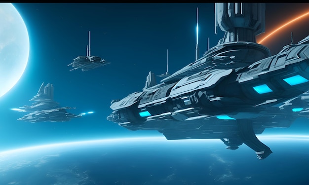 A large sci fi spaceship in space with a blue background futuristic concept art