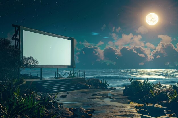 A large screen is set up on the beach at night