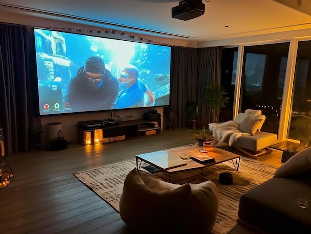 Photo a large screen in a living room with a man and woman watching a movie on it.