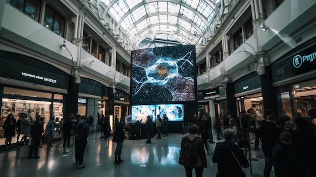 A large screen in a mall with a large display of a brain.