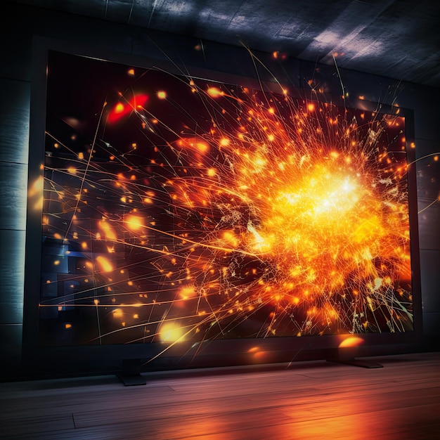 A large screen with a firework effect on it