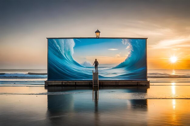 A large screen with a man standing on the edge of it