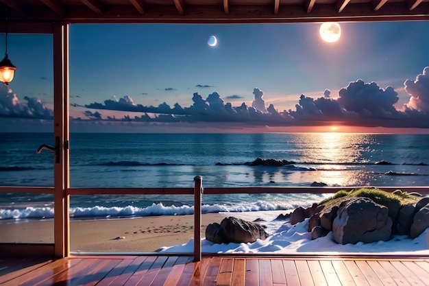 A large screen with a view of the ocean and the sun shining on it.