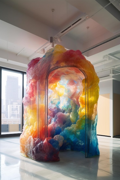 A large sculpture of a rainbow colored cloud is suspended in a room with a window.