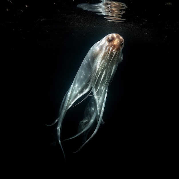 Большой морской лев плавает в воде с человеком, плавающим за ним.