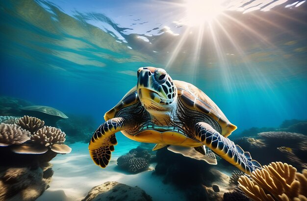 Foto una grande tartaruga marina nuota nell'oceano tra i coralli