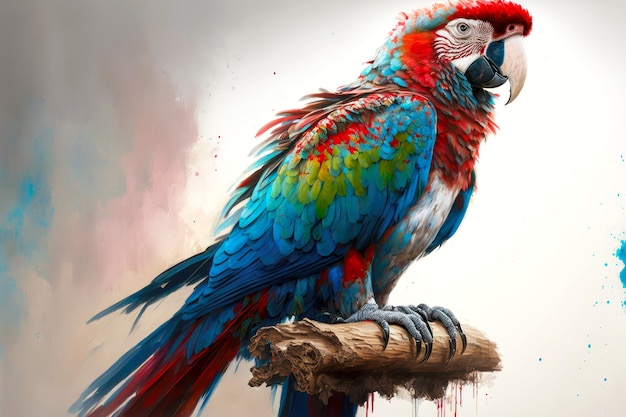 Large seated parrot on white with beaful bright red plumage and blue green wings