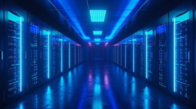 Photo large server room black and blue neon colors