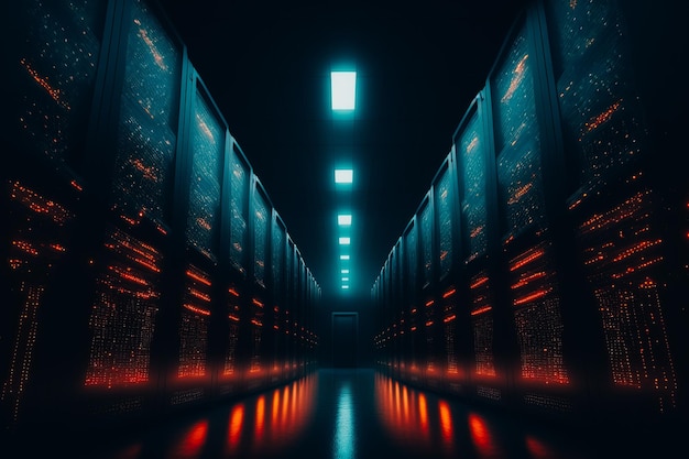 A large server room with aisles of racks containing the servers taking up a vast space