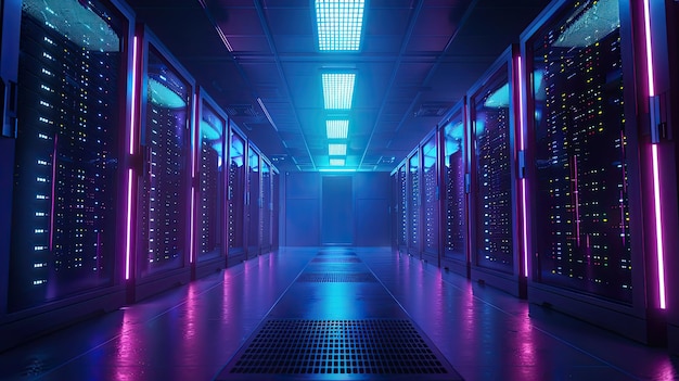 A large server room with working computers The data center