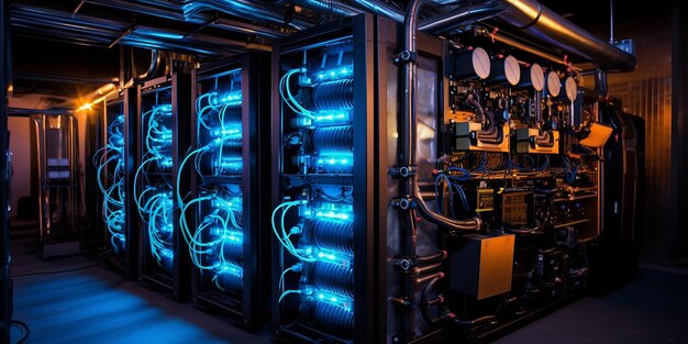 Фото Большой сервер с голубым подсветкой компьютерная технология современные серверы хранение информации